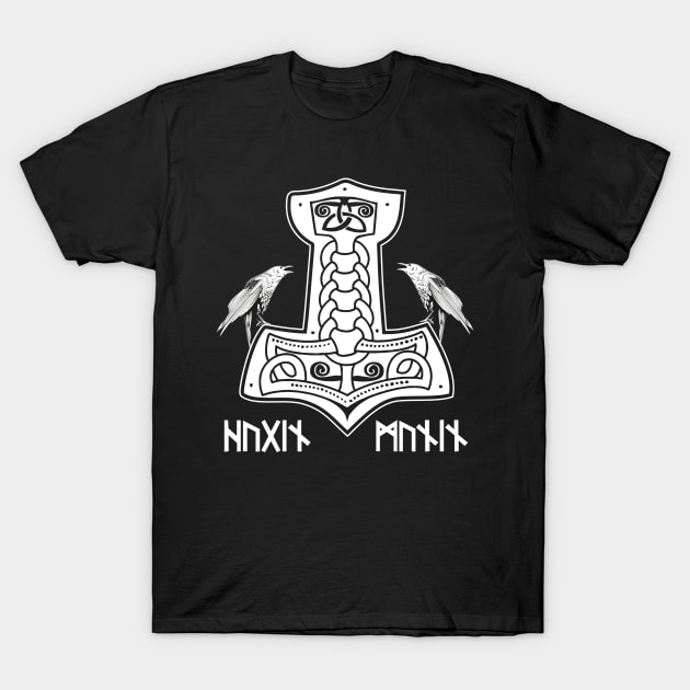 Epic Thor Hammer Hugin Munin Odin Wodan Viking Norse Mythology Runes T-Shirt by stearman